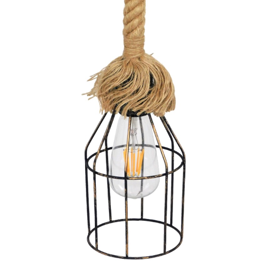 LAICO  Vintage Κρεμαστό Φωτιστικό Πλέγμα Μονόφωτο 1 x E27 IP20 Μπρούτζινο Μέταλλο με Μπεζ Σχοινί - Μ12 x Π12 x Υ100cm