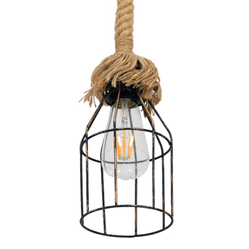 LAICO  Vintage Κρεμαστό Φωτιστικό Πλέγμα Μονόφωτο 1 x E27 IP20 Μπρούτζινο Μέταλλο με Μπεζ Σχοινί - Μ12 x Π12 x Υ100cm