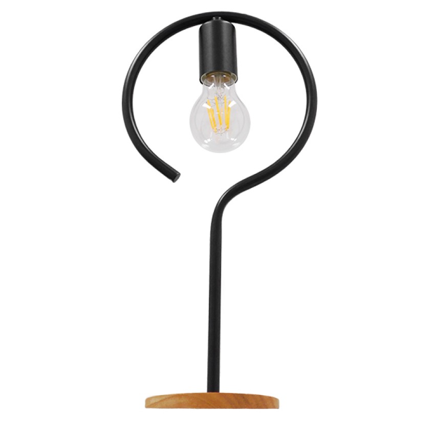 HONOR ROUND  Μοντέρνο Επιτραπέζιο Φωτιστικό Πορτατίφ Μονόφωτο Μαύρο Μεταλλικό με Ξύλινη Βάση Δρυς Φ20 x Υ42cm