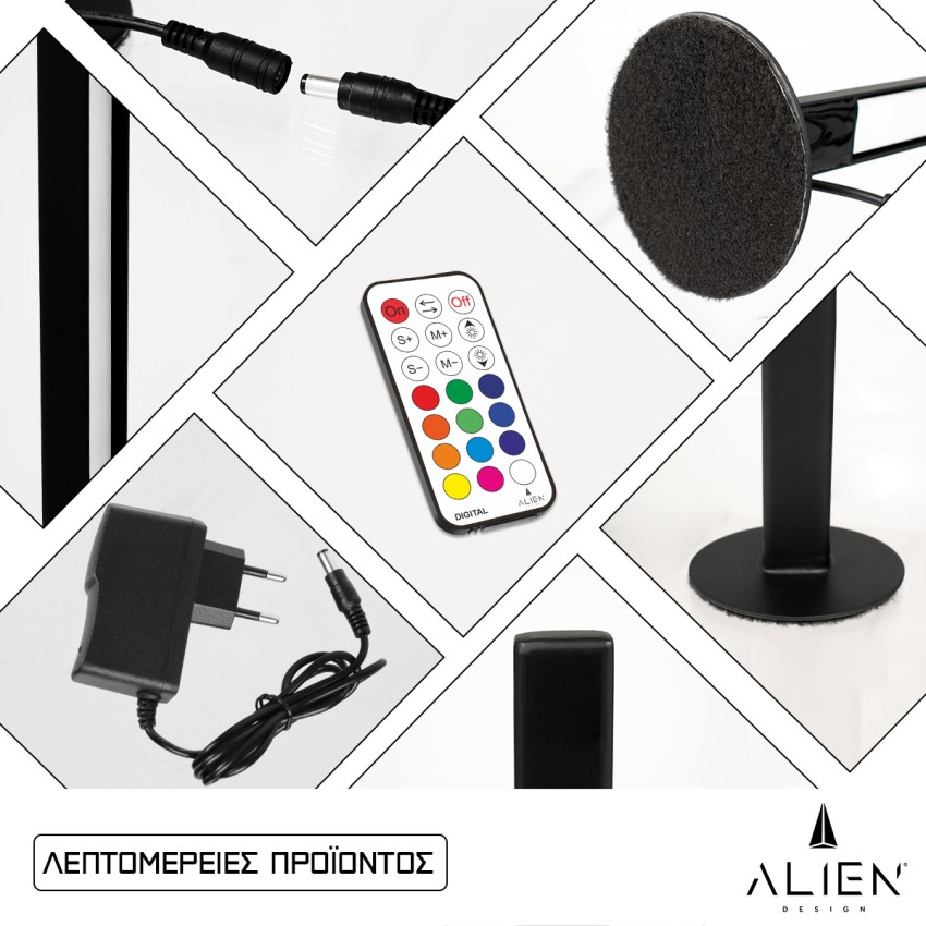 ALIEN Design DIVA Μοντέρνο Minimal Nordic Μεταλλικό Φωτιστικό Επιτραπέζιο - Πορτατίφ - Λαμπατέρ Μαύρο LED 10W 1500lm με Ασύρματο Χειριστήριο RF & Dimmer IP20 Πολύχρωμο RGBW Ψηφιακή με Τρεχούμενα Εφέ  Μ3 x Π1.6 x Υ50cm