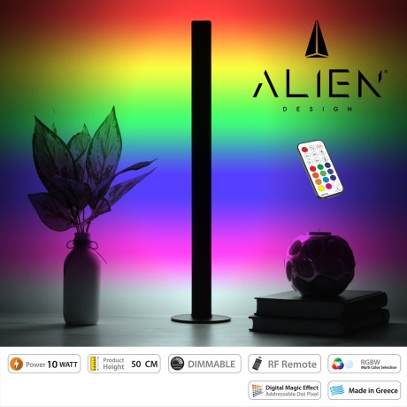ALIEN Design DIVA Μοντέρνο Minimal Nordic Μεταλλικό Φωτιστικό Επιτραπέζιο - Πορτατίφ - Λαμπατέρ Μαύρο LED 10W 1500lm με Ασύρματο Χειριστήριο RF & Dimmer IP20 Πολύχρωμο RGBW Ψηφιακή με Τρεχούμενα Εφέ  Μ3 x Π1.6 x Υ50cm