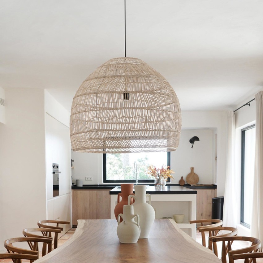 MALIBU  Boho Κρεμαστό Φωτιστικό Πλέγμα Μονόφωτο 1 x E27 IP20 Μπεζ Ξύλο - Μ100 x Π100 x Y86cm