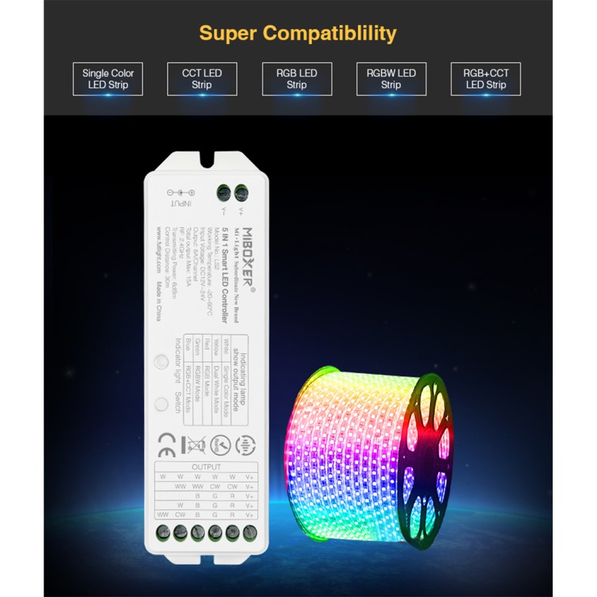 LS2 Mi-BOXER DC RF 2.4Ghz 5 in 1 Dimmer High Speed Controller / Dimmer 5 Καναλιών DC 12-24V 5 x 3A 72W - Max 15A 360W - IP20 RGBW+WW Μ13 x Π5 x Υ2.5cm