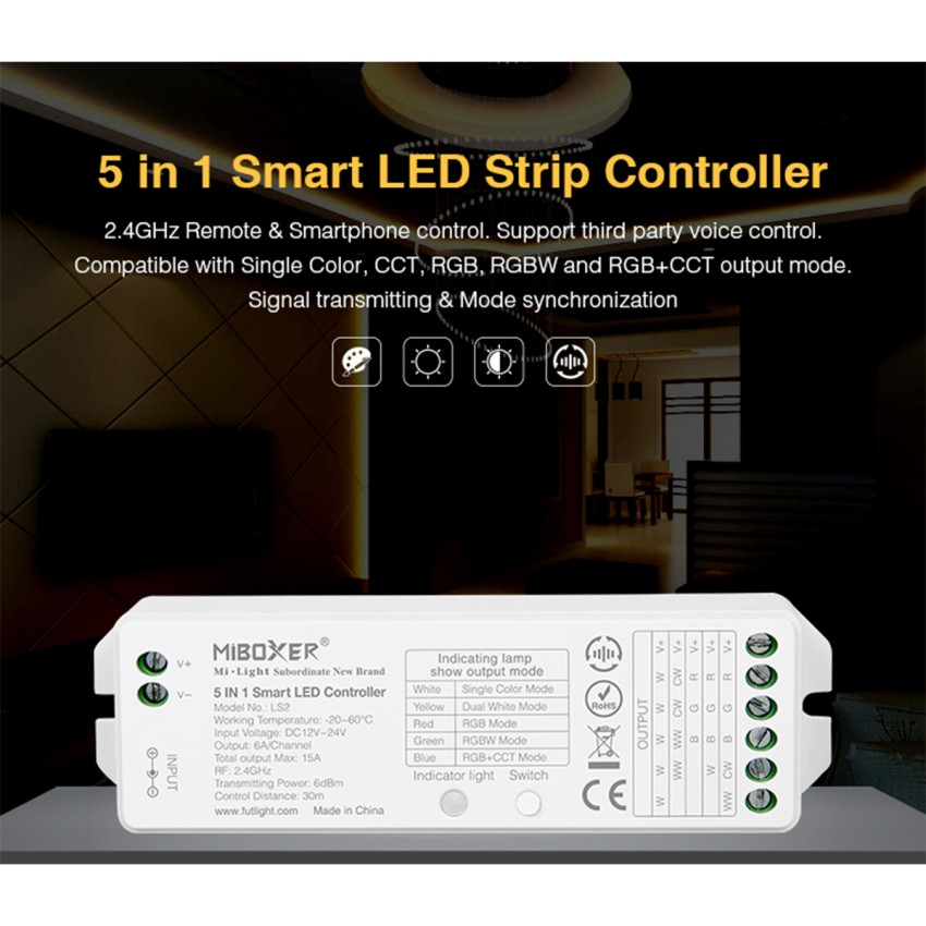 LS2 Mi-BOXER DC RF 2.4Ghz 5 in 1 Dimmer High Speed Controller / Dimmer 5 Καναλιών DC 12-24V 5 x 3A 72W - Max 15A 360W - IP20 RGBW+WW Μ13 x Π5 x Υ2.5cm