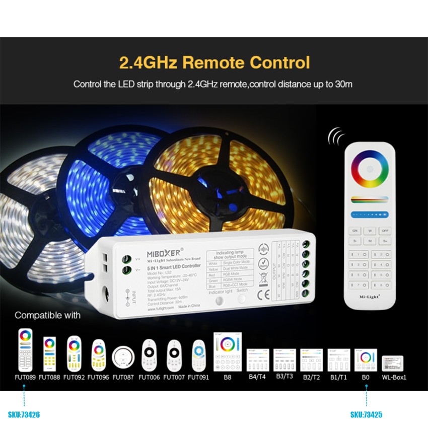 LS2 Mi-BOXER DC RF 2.4Ghz 5 in 1 Dimmer High Speed Controller / Dimmer 5 Καναλιών DC 12-24V 5 x 3A 72W - Max 15A 360W - IP20 RGBW+WW Μ13 x Π5 x Υ2.5cm