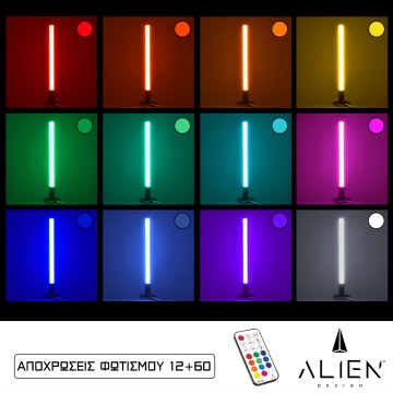 ALIEN Design DIVA Μοντέρνο Minimal Nordic Μεταλλικό Φωτιστικό Επιτραπέζιο - Πορτατίφ - Λαμπατέρ Μαύρο LED 10W 1500lm με Ασύρματο Χειριστήριο RF & Dimmer IP20 Πολύχρωμο RGBW Ψηφιακή με Τρεχούμενα Εφέ  Μ3 x Π1.6 x Υ50cm