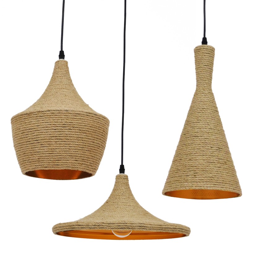 GLOBOSTAR® SHANGHAI ROPE  Μοντέρνό Κρεμαστό Φωτιστικό Οροφής με Ντουί 3 x E27 AC 220-240V IP20 - Μπεζ & Χρυσό - Μ81 x Π81 x Υ39cm - Σετ 3 Τεμαχίων