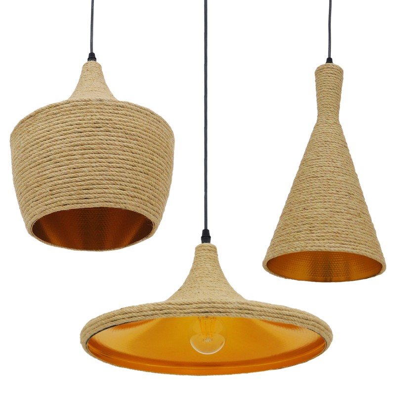 GLOBOSTAR® SHANGHAI ROPE  Μοντέρνό Κρεμαστό Φωτιστικό Οροφής με Ντουί 3 x E27 AC 220-240V IP20 - Μπεζ & Χρυσό - Μ81 x Π81 x Υ39cm - Σετ 3 Τεμαχίων