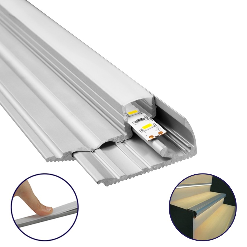 STAIR-PROFILE  Προφίλ Αλουμινίου - Βάση & Ψύκτρα Ταινίας LED με Λευκό Γαλακτερό Κάλυμμα - Χρήση σε Σκαλοπάτια - Πατητό Κάλυμμα - Ασημί - 3 Μέτρα - Μ300 x Π6 x Υ2.1cm
