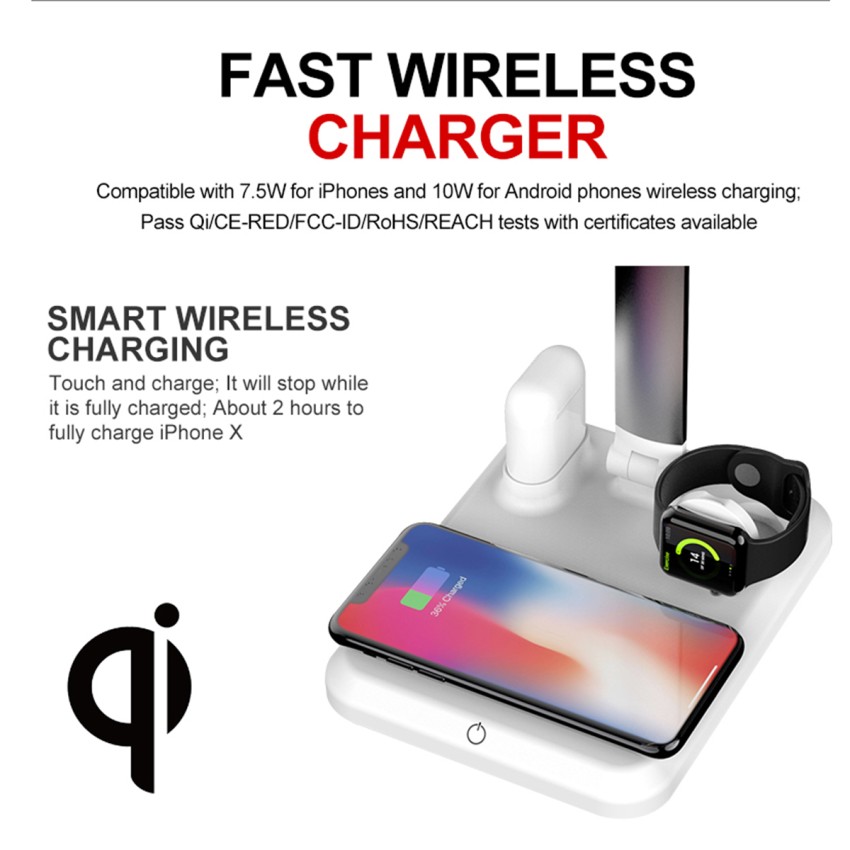 CHATEAU  Μοντέρνο Φωτιστικό Γραφείου Λευκό LED 5 Watt 1000lm DC 5V Αφής & Καλώδιο Τροφοδοσίας USB με Ασύρματη Φόρτιση - Wireless Charger για Τηλέφωνα και Earphones Φυσικό Λευκό 4500K