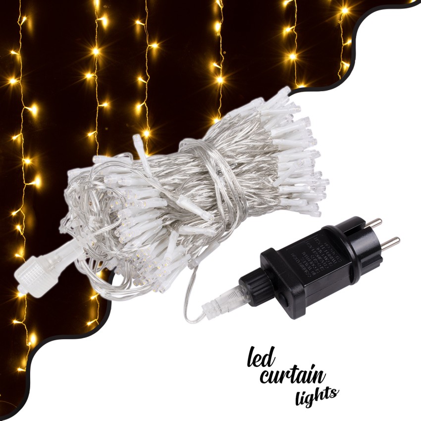 Διακοσμητική Κουρτίνα 3 x 3 Μέτρα με Controller 8 Προγραμμάτων Εναλλαγών Φωτισμού - Επεκτεινόμενη 300 LED 3.6W AC 230V με Διάφανο Καλώδιο & Πρίζα Schuko Αδιάβροχη IP44 Θερμό Λευκό 2700K Μ3 x Υ3m