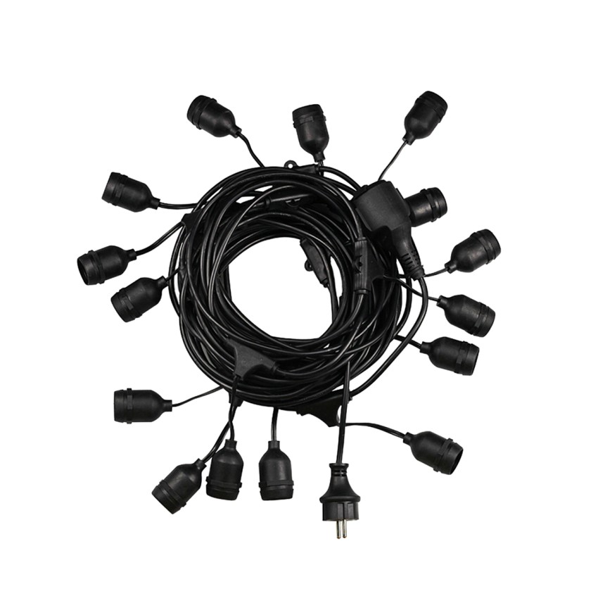 WIRE GARLAND Καλωδιογιρλάντα PVC 15 Μέτρων με 15 Ντουί E27 με Πρίζα Schuko Επεκτεινόμενη Αδιάβροχη IP65
