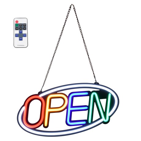 Φωτιστικό Ταμπέλα Φωτεινή Επιγραφή NEON LED Σήμανσης Animated Ovale OPEN 30W AC 230V με Διακόπτη On/Off και Ασύρματο Χειριστήριο IR Λευκό - Κόκκινο - Πράσινο - Κίτρινο - Γαλάζιο