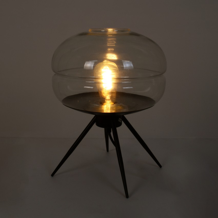 JAVAN  Μοντέρνο Επιτραπέζιο Φωτιστικό Πορτατίφ Λαμπατέρ Μονόφωτο Διάφανο Γυάλινο Μαύρο Μεταλλικό Φ30 x Υ19cm
