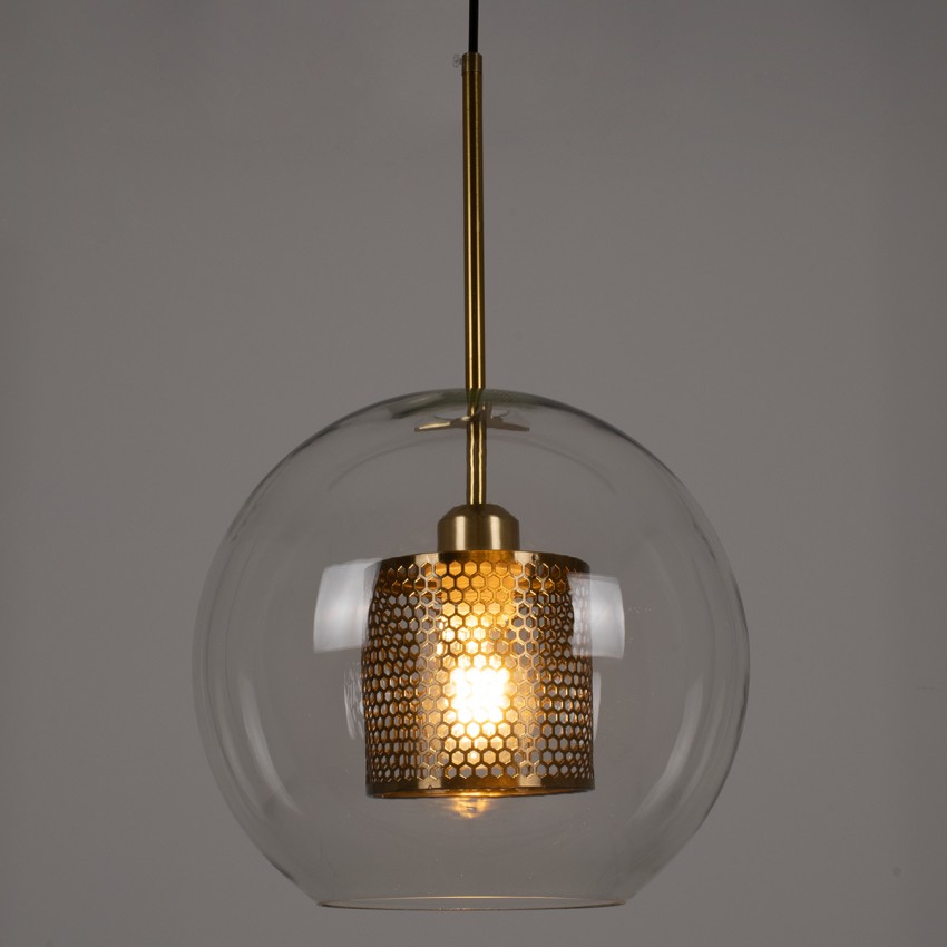 AVERY  Μοντέρνο Κρεμαστό Φωτιστικό Μπάλα Μονόφωτο 1 x E27 IP20 Διάφανο Γυαλί με Χρυσό Μέταλλο - Μ30 x Π30 x Υ48cm