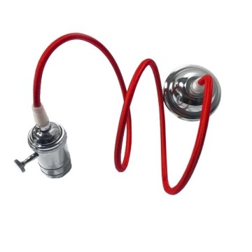 Vintage Κρεμαστό Φωτιστικό Ανάρτηση Μονόφωτο 1 x E27 IP20 Ασημί Μέταλλο με Κόκκινο Ύφασμα - 85cm