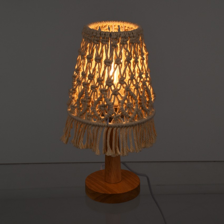 RWANDA  Vintage Επιτραπέζιο Φωτιστικό Πορτατίφ Μονόφωτο Boho - Μακραμέ Πλεκτό Χειροποίητο Μπεζ Υφασμάτινο με Σχοινί Φ15 x Υ30cm