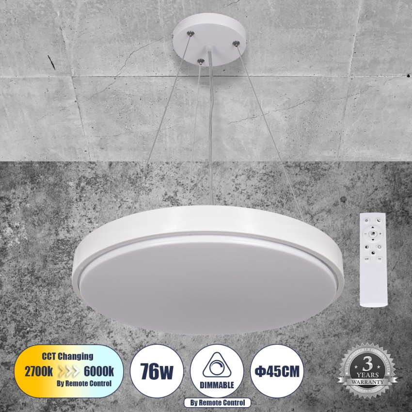 CASPER  Κρεμαστή Πλαφονιέρα Οροφής LED CCT 76W 8372lm 120° AC 220-240V - Εναλλαγή Φωτισμού μέσω Τηλεχειριστηρίου All In One Ψυχρό Λευκό 6000k+Φυσικό Λευκό 4500k+Θερμό Λευκό 2700k Dimmable Φ45cm - Λευκό
