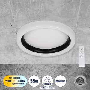 ARIANA  Πλαφονιέρα Οροφής Κύκλος LED CCT 55W 6376lm 120° AC 220-240V - Εναλλαγή Φωτισμού μέσω Τηλεχειριστηρίου All In One Ψυχρό Λευκό 6000k+Φυσικό Λευκό 4500k+Θερμό Λευκό 2700k Dimmable Φ48cm - Μαύρο
