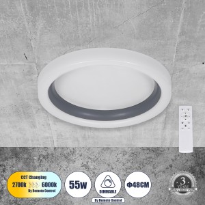 ARIANA  Πλαφονιέρα Οροφής Κύκλος LED CCT 55W 6376lm 120° AC 220-240V - Εναλλαγή Φωτισμού μέσω Τηλεχειριστηρίου All In One Ψυχρό Λευκό 6000k+Φυσικό Λευκό 4500k+Θερμό Λευκό 2700k Dimmable Φ48cm - Ανθρακί