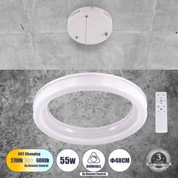 ARIANA  Κρεμαστή Πλαφονιέρα Οροφής Κύκλος LED CCT 55W 6376lm 120° AC 220-240V - Εναλλαγή Φωτισμού μέσω Τηλεχειριστηρίου All In One Ψυχρό Λευκό 6000k+Φυσικό Λευκό 4500k+Θερμό Λευκό 2700k Dimmable Φ48cm - Λευκό