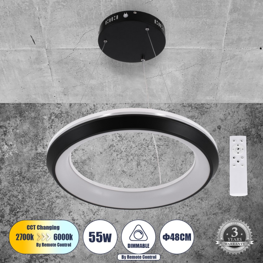 MELINA  Κρεμαστή Πλαφονιέρα Οροφής Κύκλος LED CCT 55W 6376lm 120° AC 220-240V - Εναλλαγή Φωτισμού μέσω Τηλεχειριστηρίου All In One Ψυχρό Λευκό 6000k+Φυσικό Λευκό 4500k+Θερμό Λευκό 2700k Dimmable Φ48cm - Μαύρο