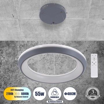 MELINA  Κρεμαστή Πλαφονιέρα Οροφής Κύκλος LED CCT 55W 6376lm 120° AC 220-240V - Εναλλαγή Φωτισμού μέσω Τηλεχειριστηρίου All In One Ψυχρό Λευκό 6000k+Φυσικό Λευκό 4500k+Θερμό Λευκό 2700k Dimmable Φ48cm - Ανθρακί