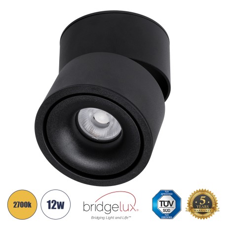 GLOBOSTAR® OMEGA-S  Κινούμενο Downlight Σποτ LED 12W 1500lm 36° AC 220-240V IP20 Θερμό Λευκό 2700K - Bridgelux COB Chip & TÜV SÜD Driver - Μαύρο Ματ - Μ10 x Π10 x Υ10.5cm