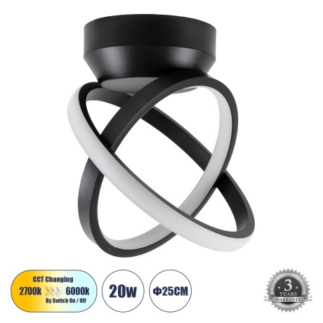 GLOBOSTAR® AMELIA  Μοντέρνο Φωτιστικό Οροφής LED 20W 2400lm 300° AC 220-240V IP20 Ρυθμιζόμενο Λευκό CCT με On/Off 2700K/4500K/6000K - Lumileds SMD Chip - Μαύρο Ματ - Μ24.5 x Π16 x Υ25cm