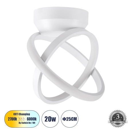 AMELIA  Φωτιστικό Οροφής Design LED CCT 20W 2400lm 300° AC 220-240V - Εναλλαγή Φωτισμού μέσω Διακόπτη On/Off All In One Ψυχρό 6000k+Φυσικό 4500k+Θερμό 2700k Μ24.5 x Π16 x Υ25cm - Λευκό