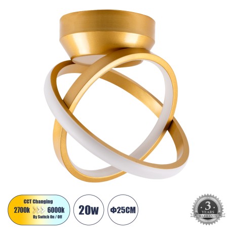 GLOBOSTAR® AMELIA  Μοντέρνο Φωτιστικό Οροφής LED 20W 2400lm 300° AC 220-240V IP20 Ρυθμιζόμενο Λευκό CCT με On/Off 2700K/4500K/6000K - Lumileds SMD Chip - Χρυσό Βούρτσας - Μ24.5 x Π16 x Υ25cm