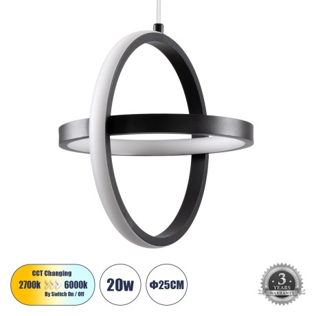 GLOBOSTAR® ALICE  Μοντέρνο Κρεμαστό Φωτιστικό Οροφής LED 20W 2400lm 300° AC 220-240V IP20 Ρυθμιζόμενο Λευκό CCT με On/Off 2700K/4500K/6000K - Lumileds SMD Chip - Μαύρο Ματ - Μ25 x Π22 x Υ25cm