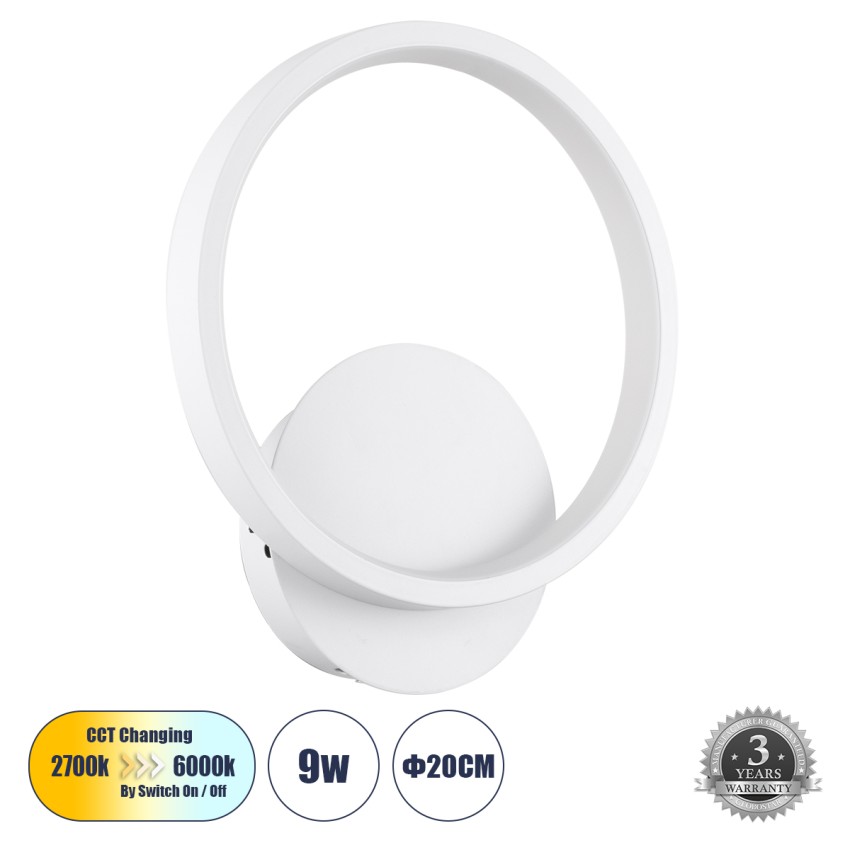 TED  Φωτιστικό Τοίχου - Απλίκα Design LED CCT 9W 1080lm 300° AC 220-240V - Εναλλαγή Φωτισμού μέσω Διακόπτη On/Off All In One Ψυχρό 6000k+Φυσικό 4500k+Θερμό 2700k Μ20 x Π5.5 x Υ23cm - Λευκό