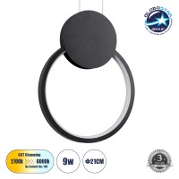 GLOBOSTAR® CYCLOS  Μοντέρνο Κρεμαστό Φωτιστικό Οροφής LED 9W 1080lm 300° AC 220-240V IP20 Ρυθμιζόμενο Λευκό CCT με On/Off 2700K/4500K/6000K - Lumileds SMD Chip - Μαύρο Ματ - Μ21 x Π2.3 x Υ26.5cm