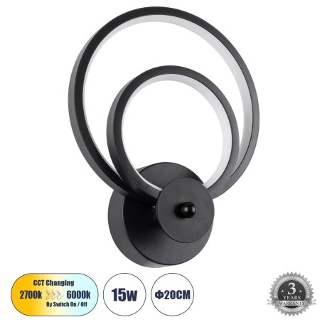 FREDDIE  Φωτιστικό Τοίχου - Απλίκα Design LED CCT 15W 1800lm 300° AC 220-240V - Εναλλαγή Φωτισμού μέσω Διακόπτη On/Off All In One Ψυχρό 6000k+Φυσικό 4500k+Θερμό 2700k Μ20 x Π7.5 x Υ25cm - Μαύρο
