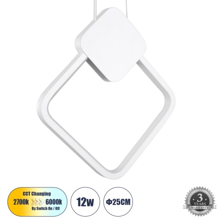 MARY  Κρεμαστό Φωτιστικό Οροφής Design LED CCT 12W 1440lm 300° AC 220-240V - Εναλλαγή Φωτισμού μέσω Διακόπτη On/Off All In One Ψυχρό 6000k+Φυσικό 4500k+Θερμό 2700k Μ20 x Π2.3 x Υ28.5cm - Λευκό