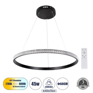 GLOBOSTAR® DIAMOND  Μοντέρνο Κρεμαστό Φωτιστικό Οροφής LED 45W 5230lm 360° AC 220-240V IP20 Ρυθμιζόμενο Λευκό CCT με Χειριστήριο από 2700K έως 6000K Dimmable - Lumileds SMD Chip - Μαυρό Ματ - Μ60 x Π60 x Υ3cm