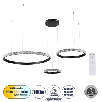 GLOBOSTAR® DIAMOND TRIO  Μοντέρνο Κρεμαστό Φωτιστικό Οροφής LED 100W 12123lm 360° AC 220-240V IP20 Ρυθμιζόμενο Λευκό CCT με Χειριστήριο από 2700K έως 6000K Dimmable - Lumileds SMD Chip - Μαυρό Ματ - Μ110 x Π110 x Υ60cm