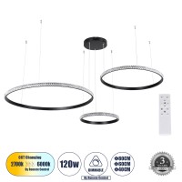 GLOBOSTAR® DIAMOND TRIO  Μοντέρνο Κρεμαστό Φωτιστικό Οροφής LED 120W 14723lm 360° AC 220-240V IP20 Ρυθμιζόμενο Λευκό CCT με Χειριστήριο από 2700K έως 6000K Dimmable - Lumileds SMD Chip - Μαυρό Ματ - Μ150 x Π150 x Υ60cm