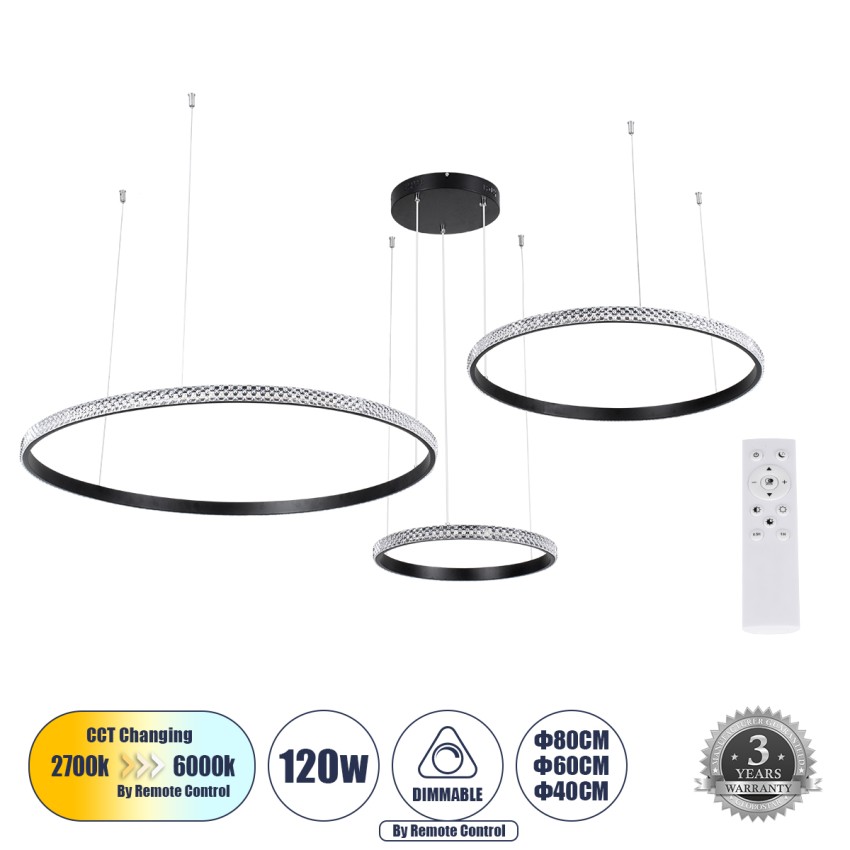 GLOBOSTAR® DIAMOND TRIO  Μοντέρνο Κρεμαστό Φωτιστικό Οροφής LED 120W 14723lm 360° AC 220-240V IP20 Ρυθμιζόμενο Λευκό CCT με Χειριστήριο από 2700K έως 6000K Dimmable - Lumileds SMD Chip - Μαυρό Ματ - Μ150 x Π150 x Υ60cm