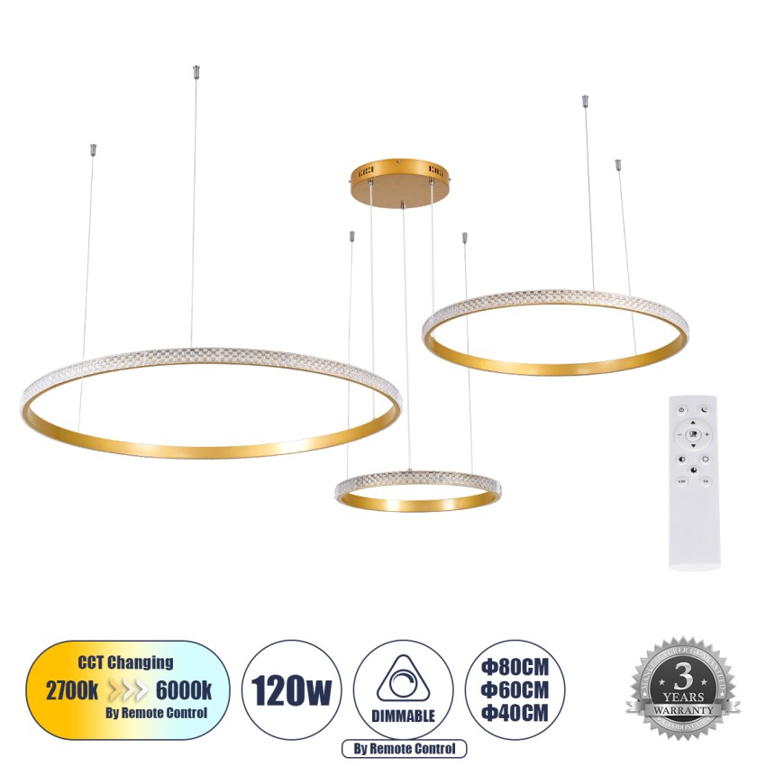 GLOBOSTAR® DIAMOND TRIO  Μοντέρνο Κρεμαστό Φωτιστικό Οροφής LED 120W 14723lm 360° AC 220-240V IP20 Ρυθμιζόμενο Λευκό CCT με Χειριστήριο από 2700K έως 6000K Dimmable - Lumileds SMD Chip - Χρυσό Βούρτσας - Μ150 x Π150 x Υ60cm