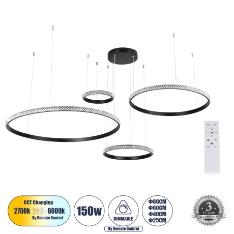 DIAMOND TETRA  Κρεμαστό Φωτιστικό Δαχτυλίδι-Κύκλος LED CCT 150W 18379lm 360° AC 220-240V - Εναλλαγή Φωτισμού μέσω Τηλεχειριστηρίου All In One Ψυχρό 6000k+Φυσικό 4500k+Θερμό 2700k Dimmable Φ25+40+60+80cm - Μαύρο