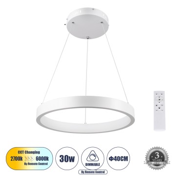 GLOBOSTAR® NEMESIS  Μοντέρνο Κρεμαστό Φωτιστικό Οροφής LED 30W 3513lm 360° AC 220-240V IP20 Ρυθμιζόμενο Λευκό CCT με Χειριστήριο από 2700K έως 6000K Dimmable - Lumileds SMD Chip - Λευκό Ματ - Μ40 x Π40 x Υ4cm