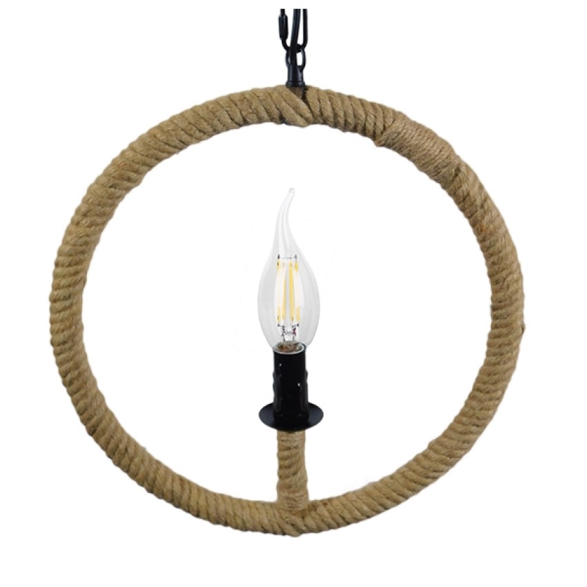 LINDELL  Vintage Κρεμαστό Φωτιστικό Ανάρτηση Μονόφωτο 1 x E27 IP20 Μαύρο Μέταλλο με Μπεζ Σχοινί - Μ33 x Π33 x Υ33cm