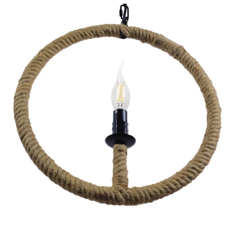 LINDELL  Vintage Κρεμαστό Φωτιστικό Ανάρτηση Μονόφωτο 1 x E27 IP20 Μαύρο Μέταλλο με Μπεζ Σχοινί - Μ33 x Π33 x Υ33cm