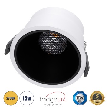 PLUTO-B  Χωνευτό LED Spot Downlight TrimLess Φ10.4cm 15W 1875lm 38° AC 220-240V IP20 Φ10.4 x Υ6.5cm - Στρόγγυλο - Λευκό με Μαύρο Κάτοπτρο & Anti-Glare HoneyComb - Θερμό Λευκό 2700K - Bridgelux COB
