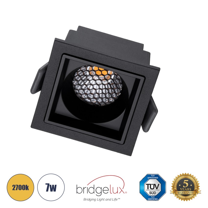 PLUTO-S  Χωνευτό LED Spot Downlight TrimLess Μ6.4xΠ6.4cm 7W 875lm 38° AC 220-240V IP20 Μ6.4 x Π6.4 x Υ4.9cm - Τετράγωνο - Μαύρο & Anti-Glare HoneyComb - Θερμό Λευκό 2700K - Bridgelux COB