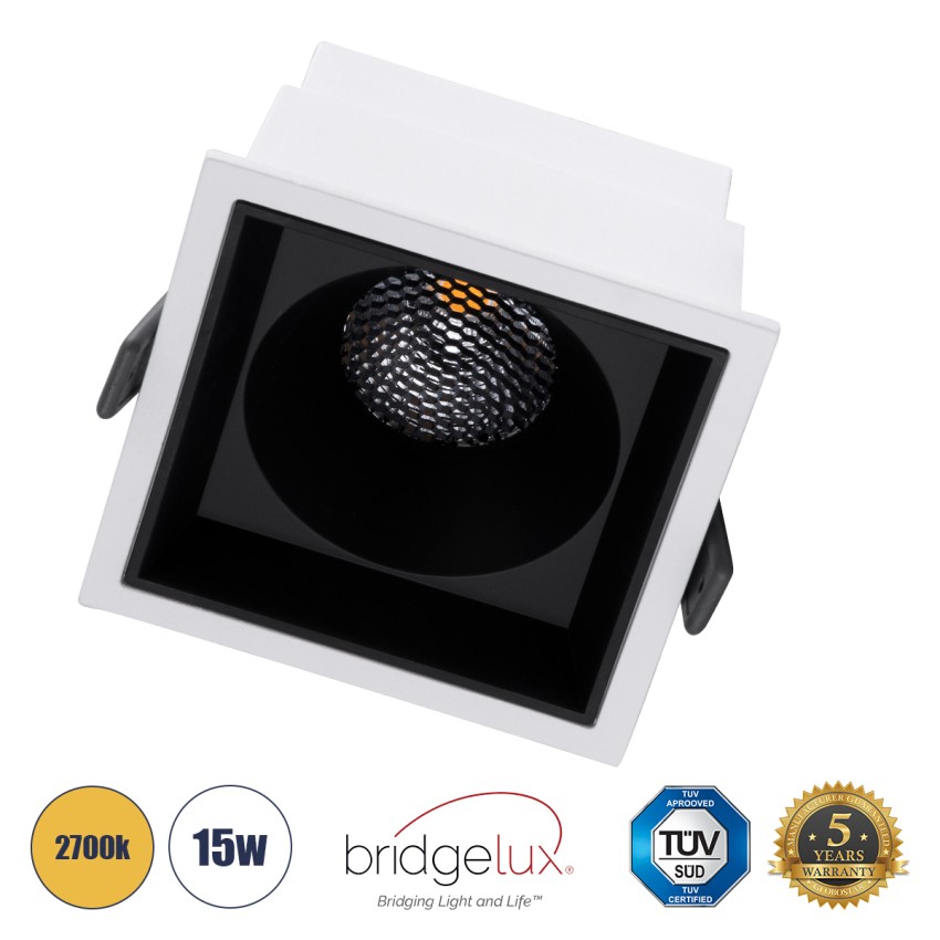 PLUTO-B  Χωνευτό LED Spot Downlight TrimLess Μ10.4xΠ10.4cm 15W 1875lm 38° AC 220-240V IP20 Μ10.4 x Π10.4 x Υ6.5cm - Τετράγωνο - Λευκό με Μαύρο Κάτοπτρο & Anti-Glare HoneyComb - Θερμό Λευκό 2700K - Bridgelux COB