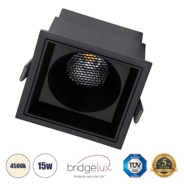 PLUTO-B  Χωνευτό LED Spot Downlight TrimLess Μ10.4xΠ10.4cm 15W 1950lm 38° AC 220-240V IP20 Μ10.4 x Π10.4 x Υ6.5cm - Τετράγωνο - Μαύρο & Anti-Glare HoneyComb - Φυσικό Λευκό 4500K - Bridgelux COB