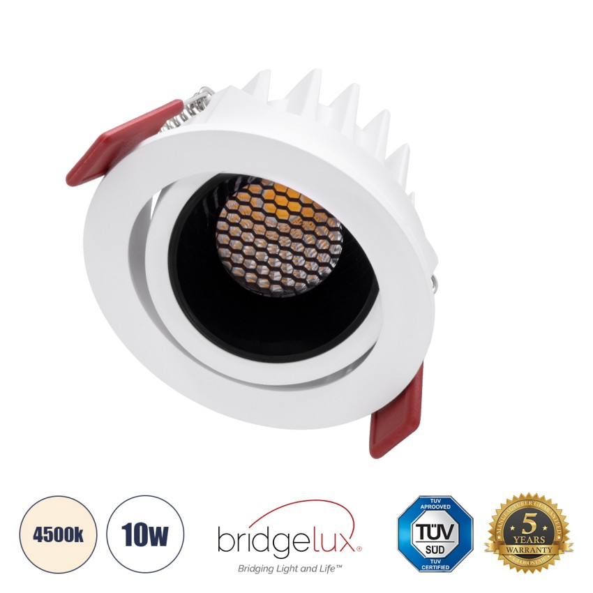 LEO-R  Χωνευτό LED Spot Downlight TrimLess Φ8.5cm 10W 1300lm 38° AC 220-240V IP20 Φ8.5 x Υ6.6cm - Στρόγγυλο - Κινούμενο - Λευκό με Μαύρο Κάτοπτρο & Anti-Glare HoneyComb - Φυσικό Λευκό 4500K - Bridgelux COB